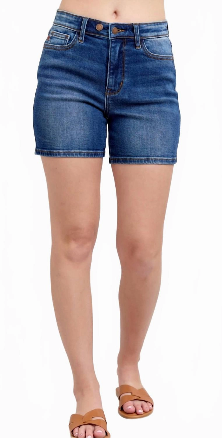 2 Button Mid Length Dad Shorts In Dark Wash Glide On Mobility Cut