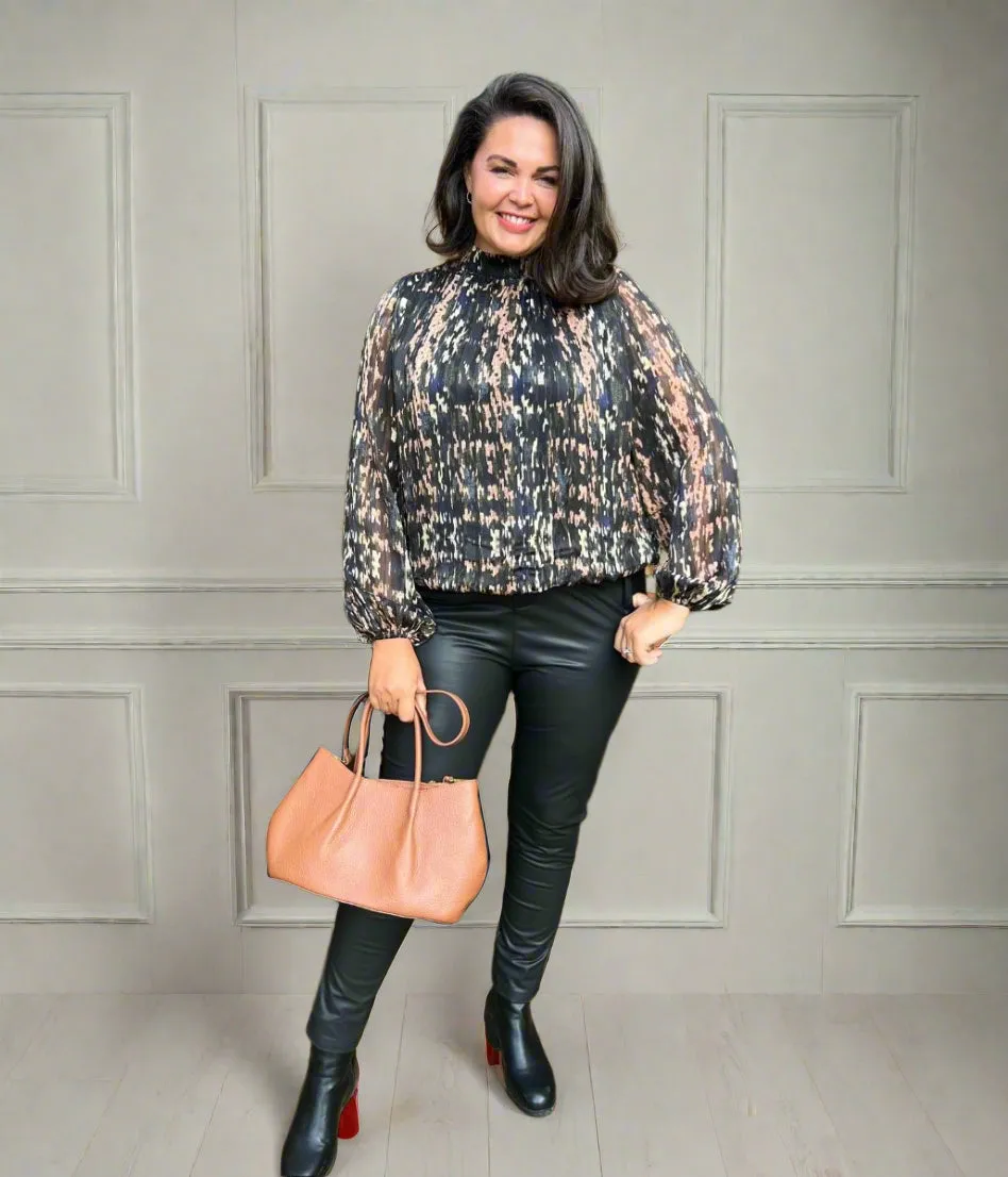 Abstract Animal Print Blouson Top Ruffle Edge Wardrobe Essential