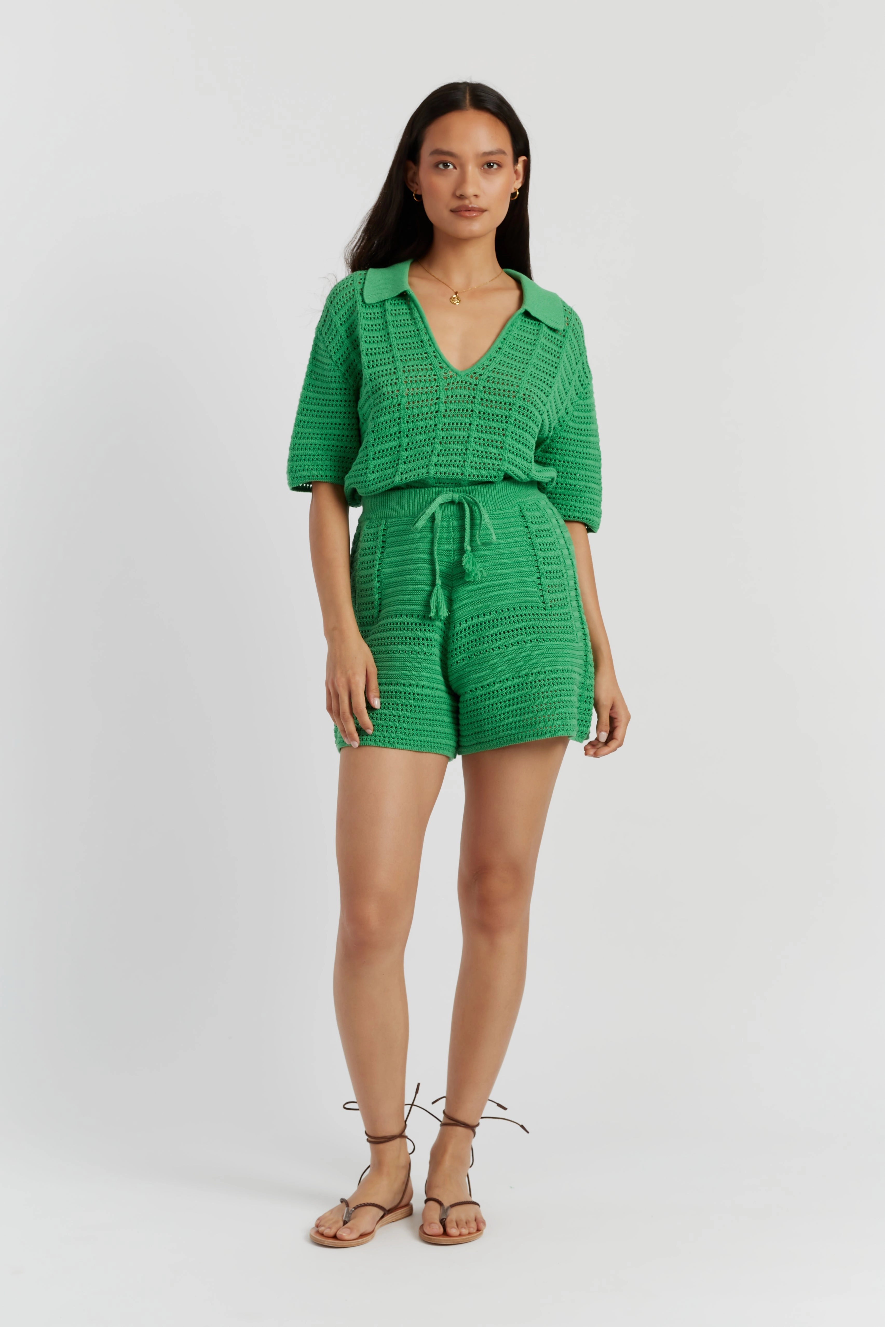 Green Cotton Crochet Shorts UPF Sun Protection Odor Resistant Coating