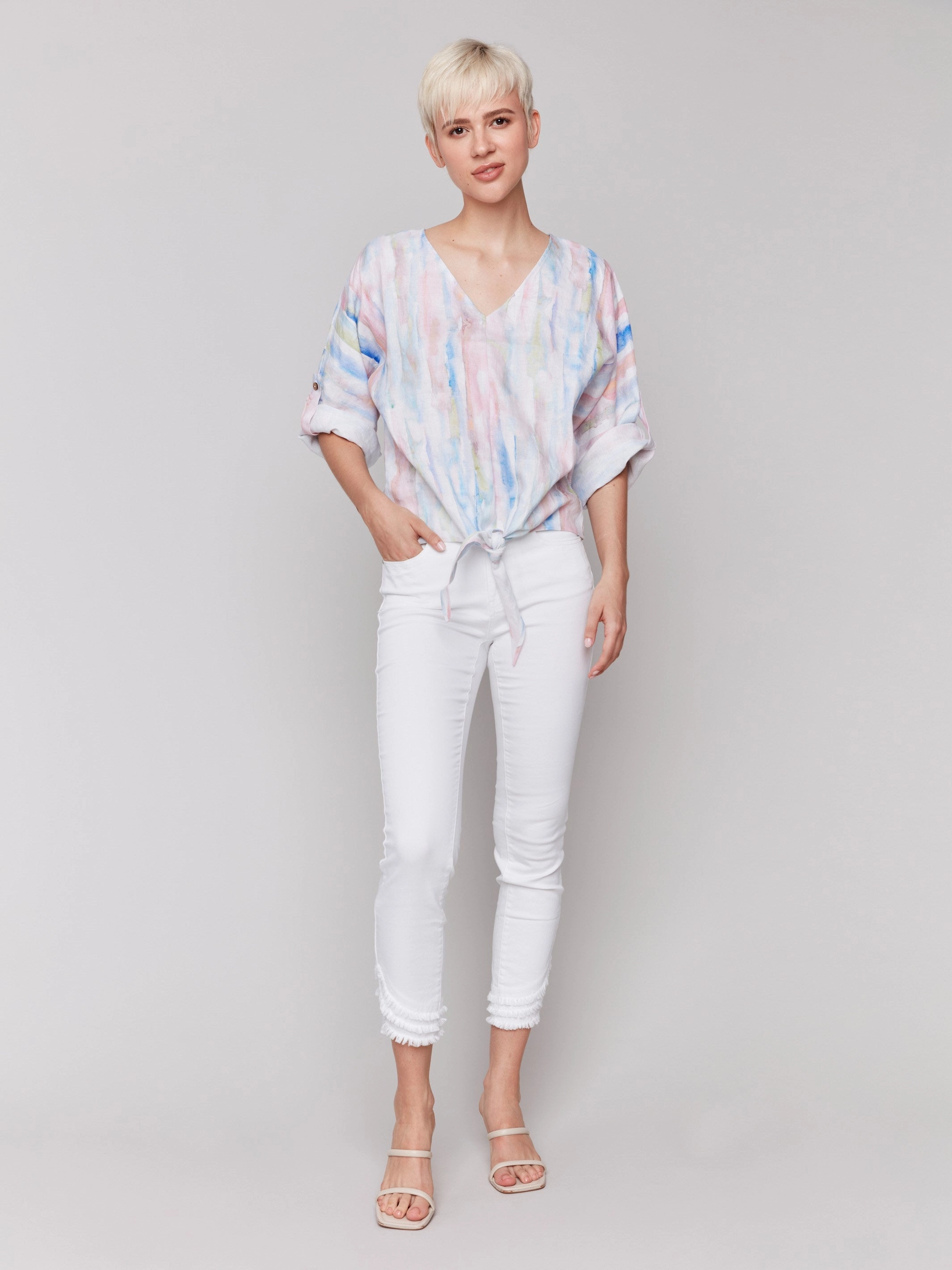 Printed 3/4 Sleeve Top with Front Tie - Watercolor Winter Retreat