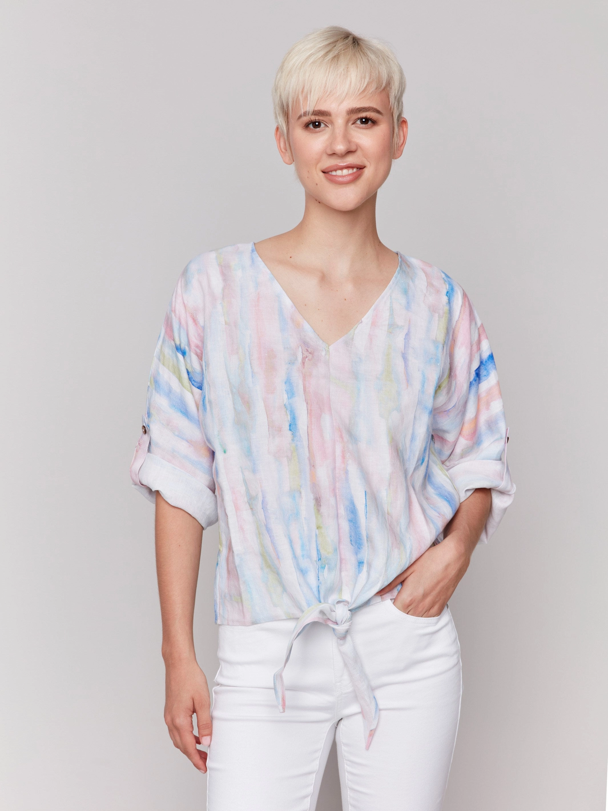 Printed 3/4 Sleeve Top with Front Tie - Watercolor Night Out