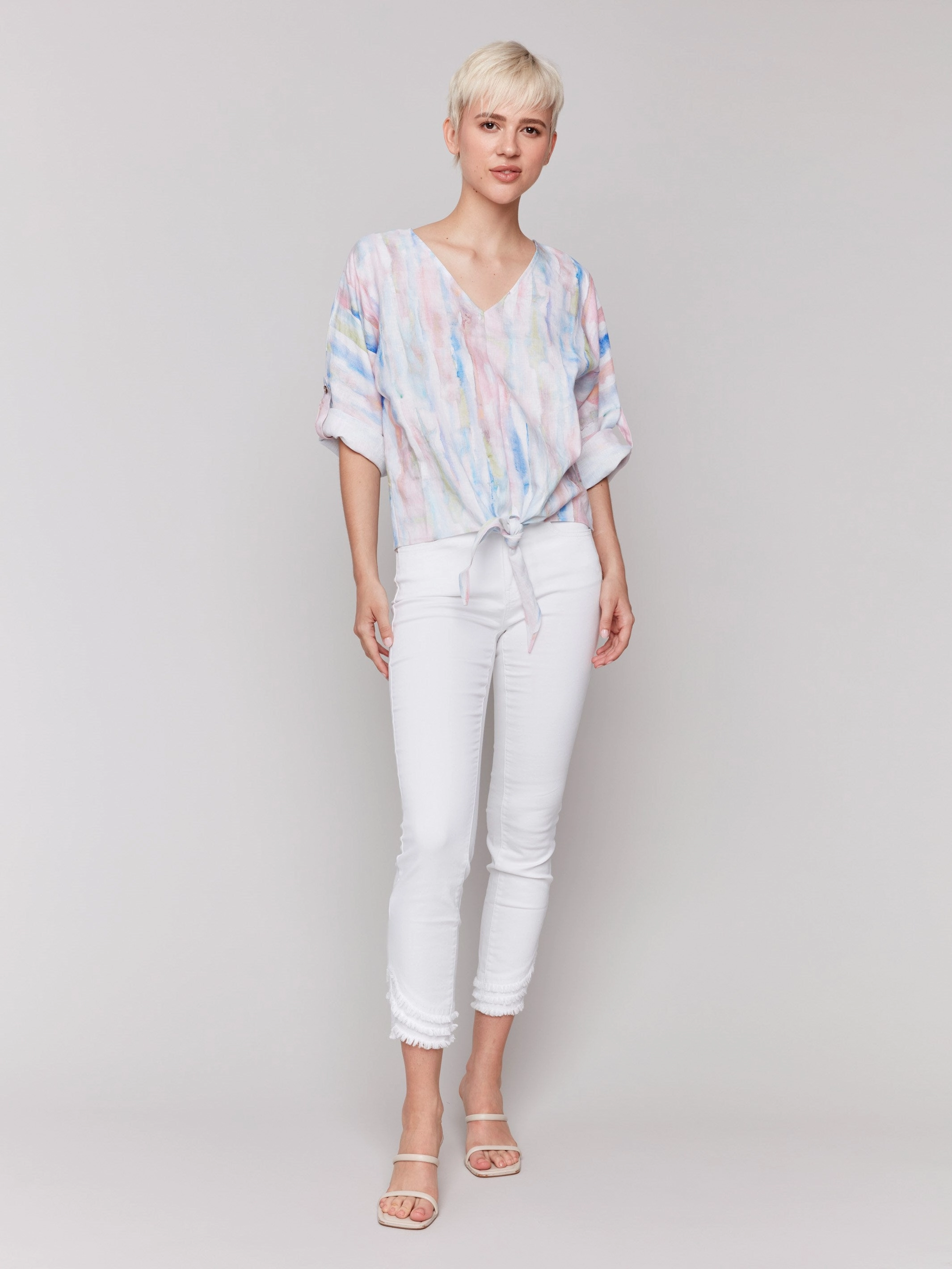 Monochrome Palette Easy Care Material Printed 3/4 Sleeve Top with Front Tie - Watercolor