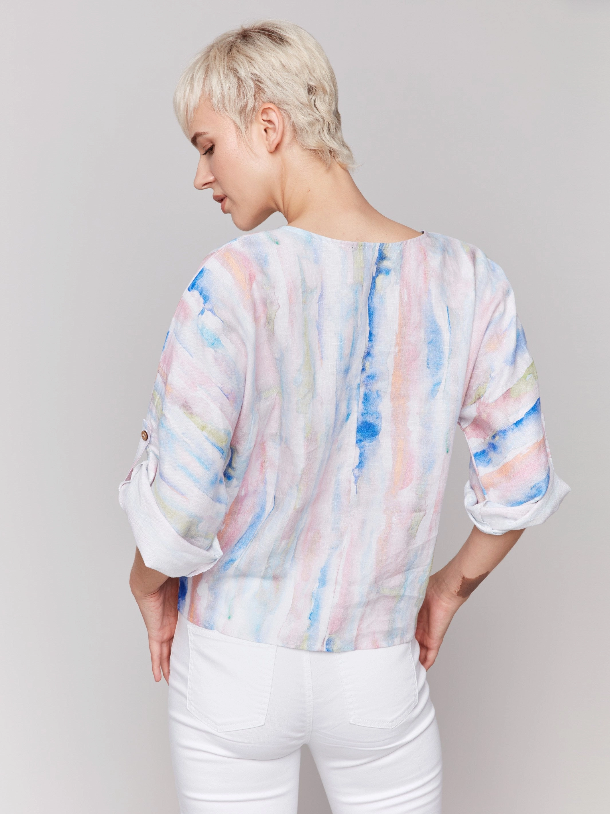 Printed 3/4 Sleeve Top with Front Tie - Watercolor Mountain Escape Travel-friendly