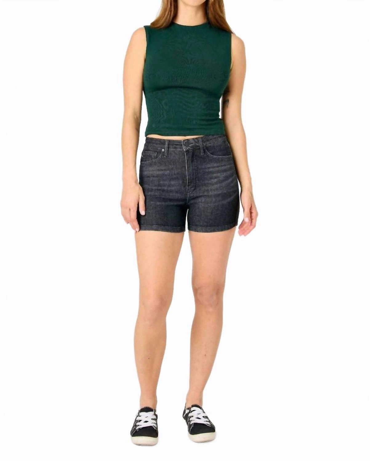 High Waist Tummy Control Shorts In Washed Black Low Profile Zipper Beach-Ready Look