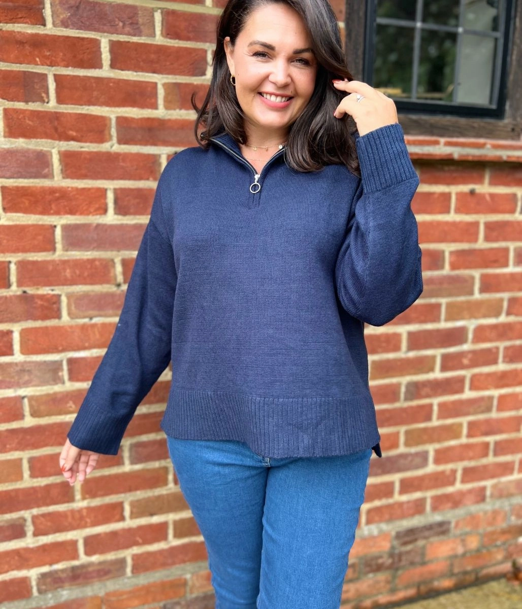 Tactile Grid Knit Navy Zip Tunic Jumper