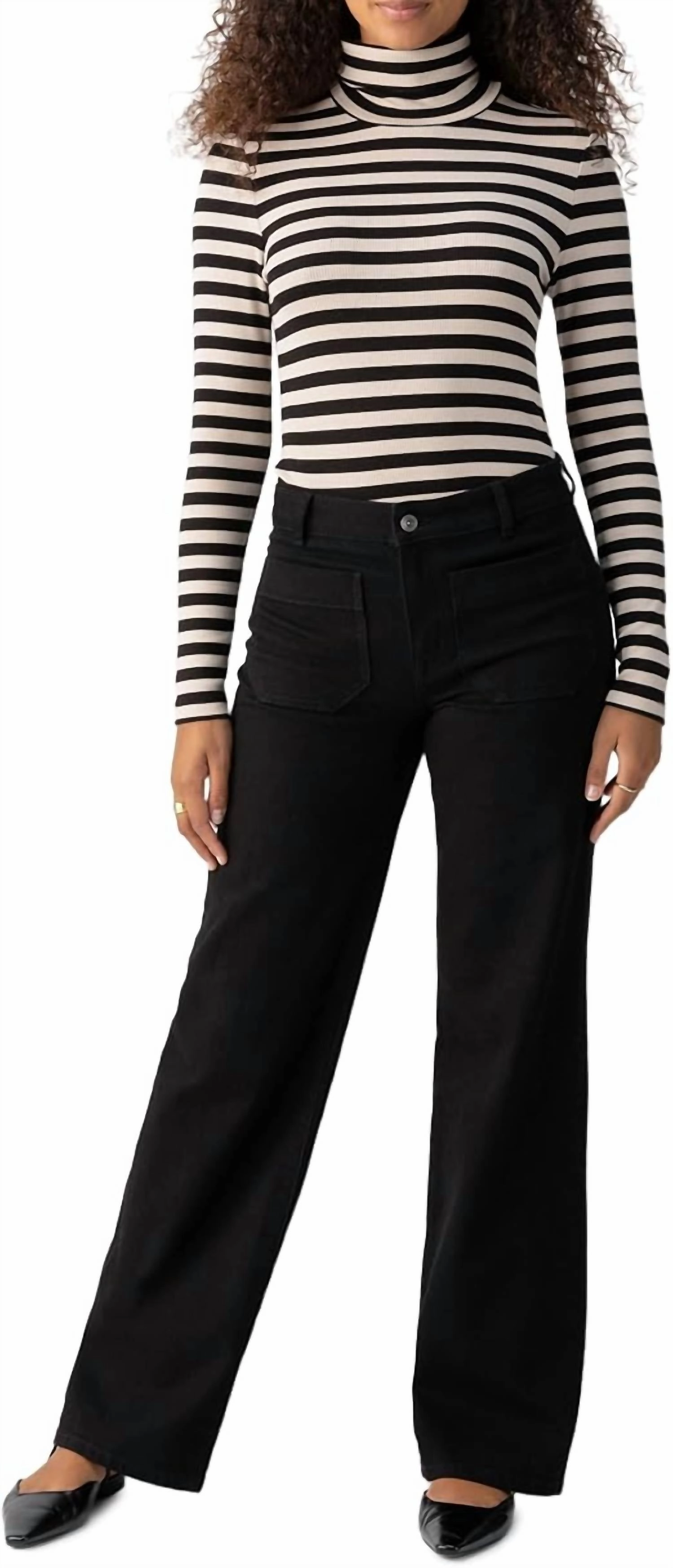 Women's Essential Mock Turtleneck Top In Black Stripe Timeless Style