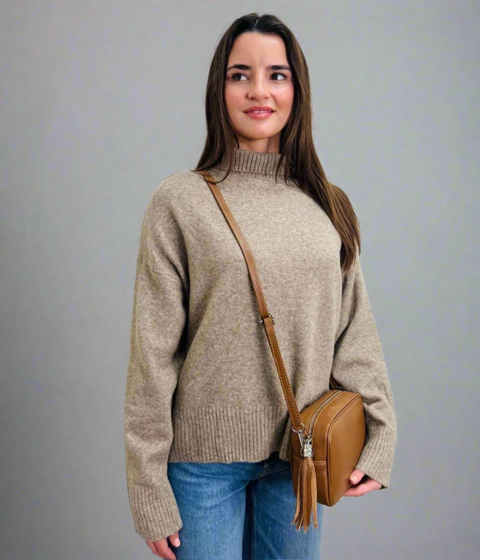 Oatmeal Funnel Neck Jumper Layered Design Knit texture