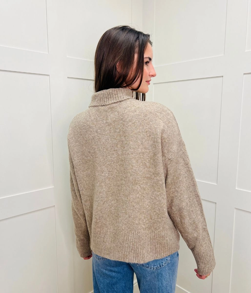 Loose Weave Oatmeal Funnel Neck Jumper