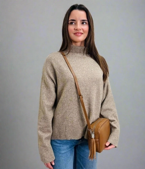Oatmeal Funnel Neck Jumper Layered Design Knit texture