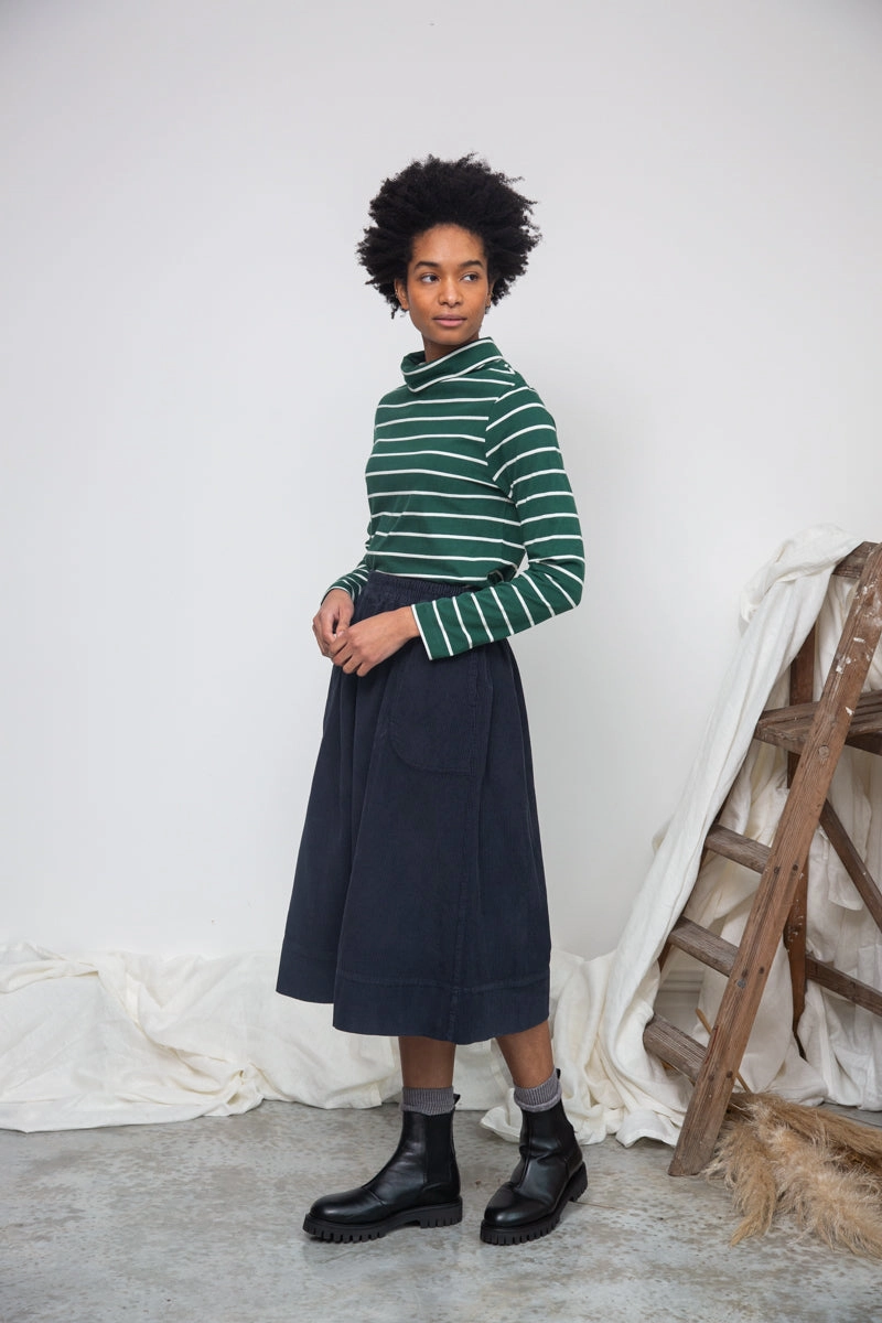 Perfect Stretch WindResistantMaterial Alma Organic Cotton Corduroy Skirt in Night Sky Navy