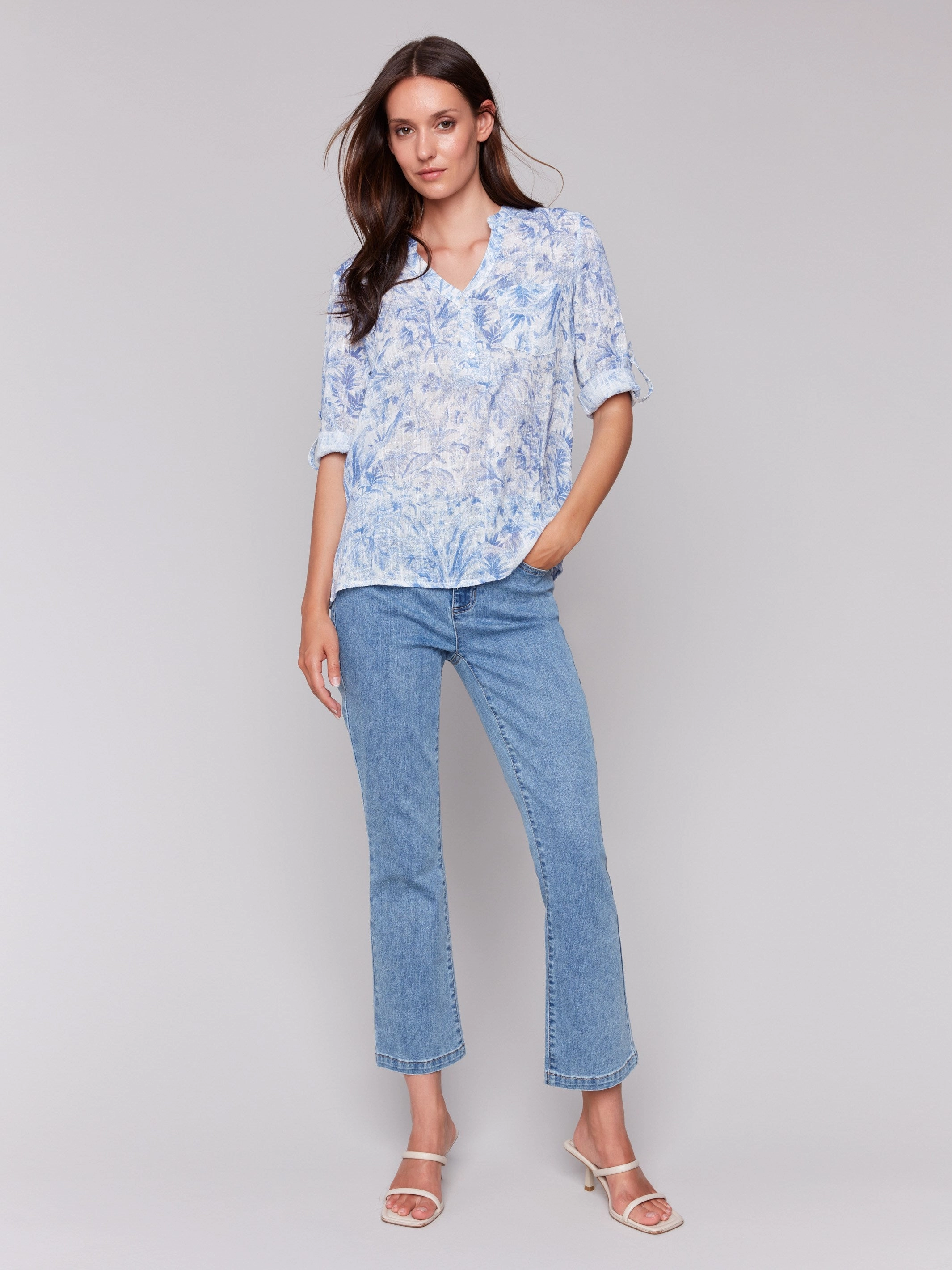 Current Style Printed Cotton Gauze Half-Button Blouse - Jungle