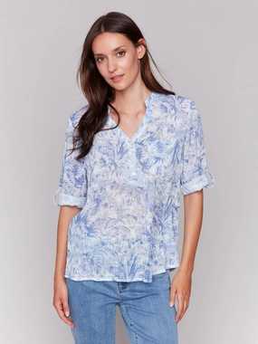 Camouflage Style Streamlined Design Printed Cotton Gauze Half-Button Blouse - Jungle