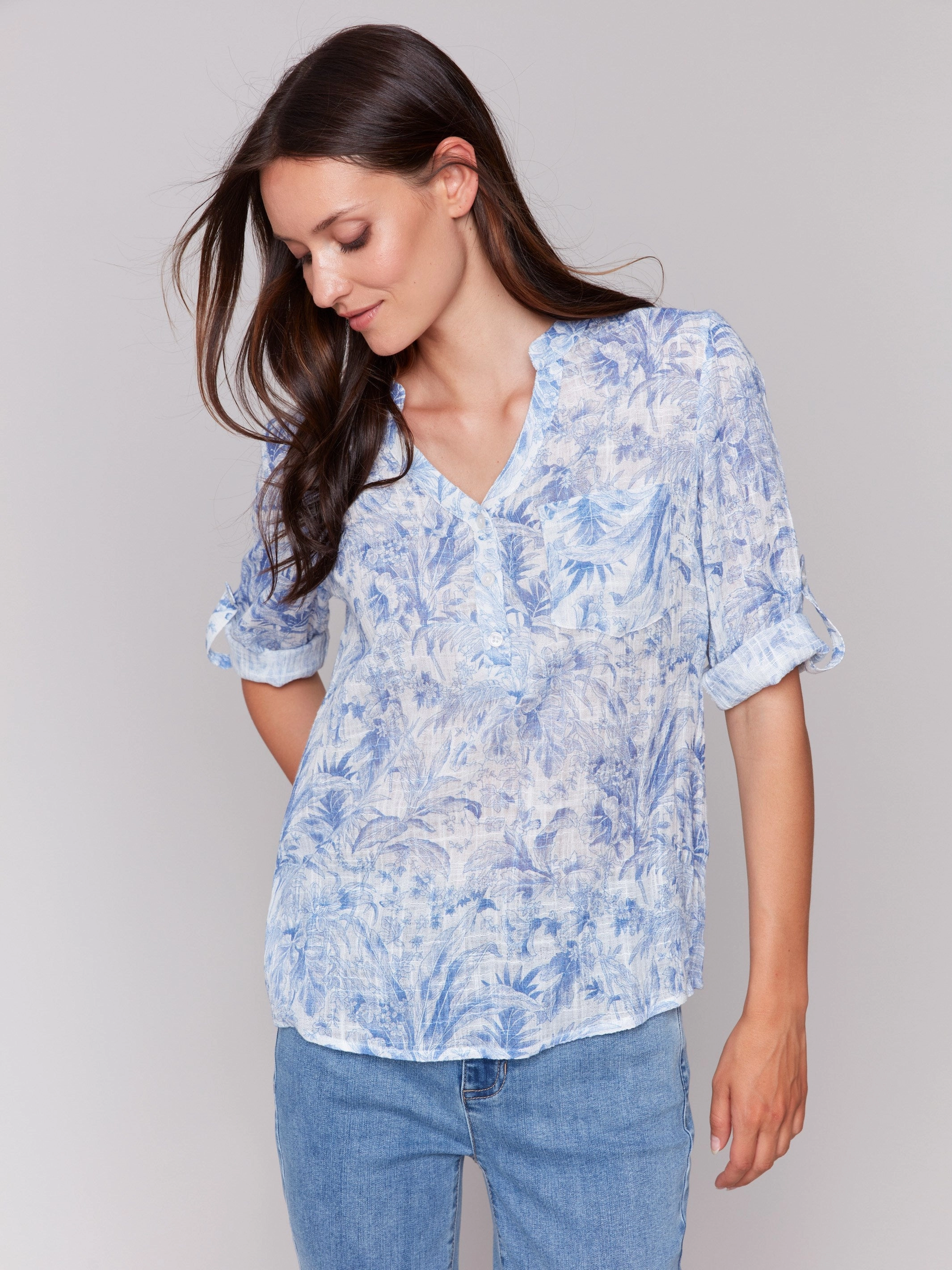 Reinforced Shoulders Printed Cotton Gauze Half-Button Blouse - Jungle