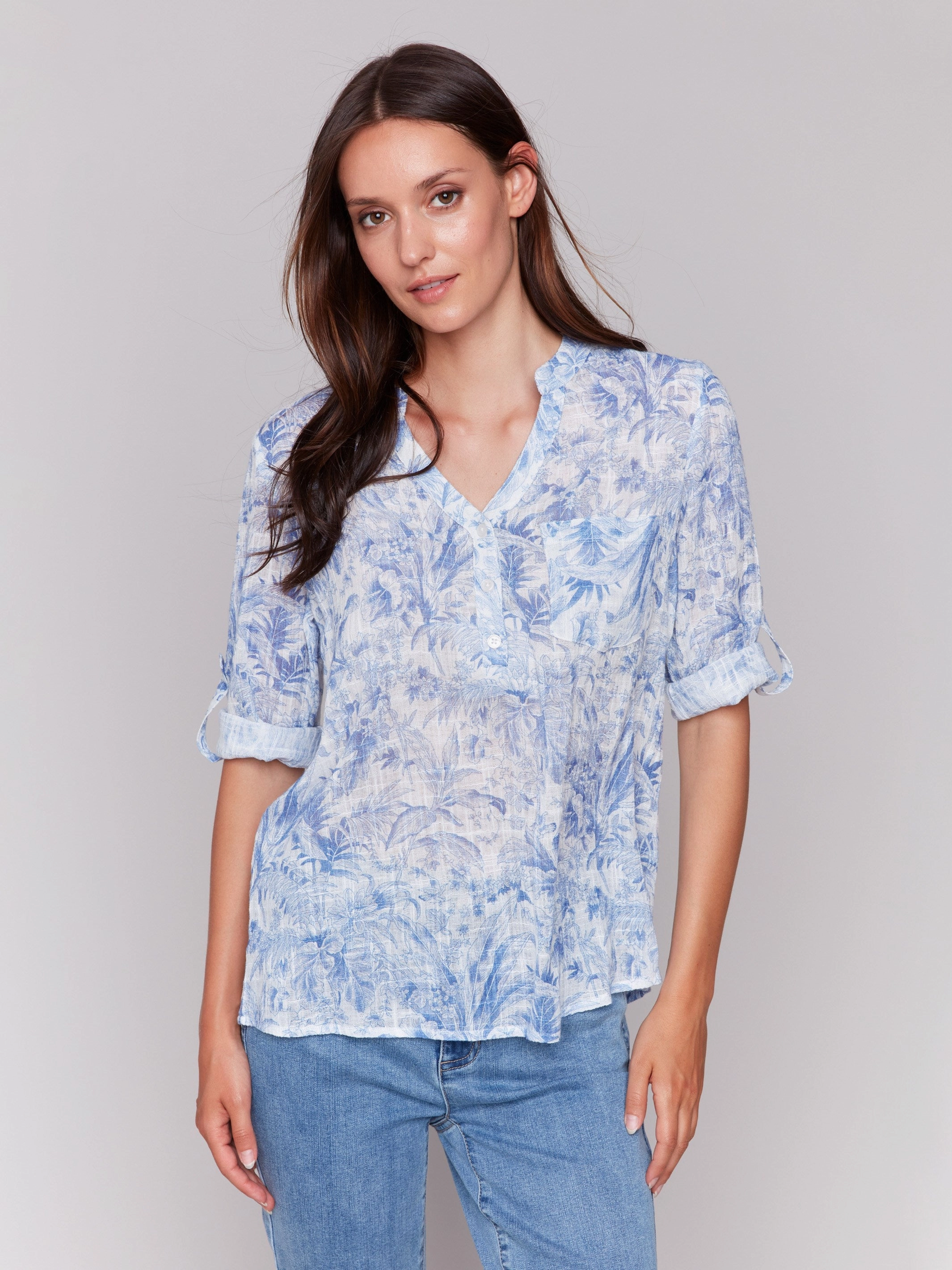 Camouflage Style Streamlined Design Printed Cotton Gauze Half-Button Blouse - Jungle