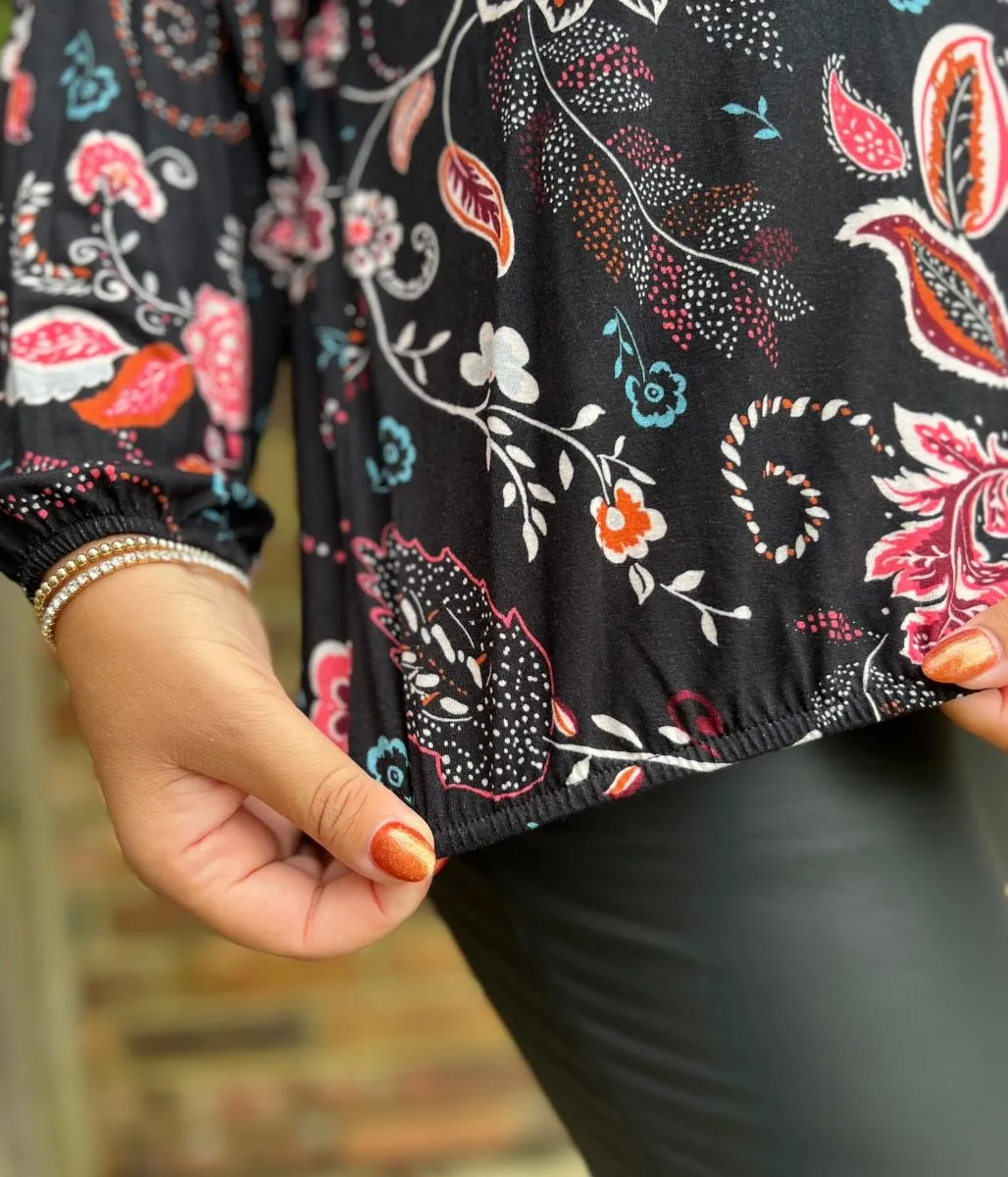 Black Banded Hem Printed Jersey Top Interlock Knit