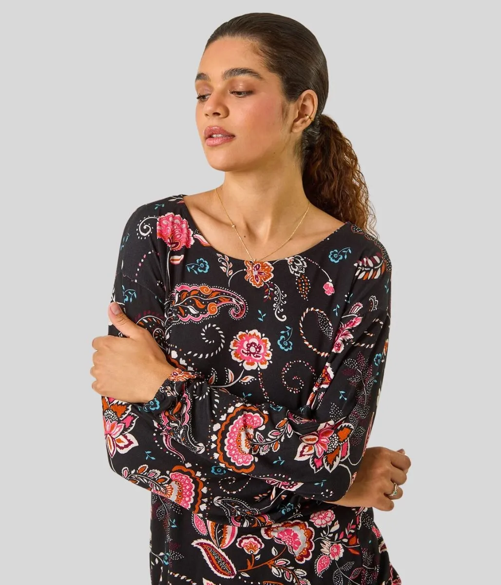 PlacketDetail Black Banded Hem Printed Jersey Top