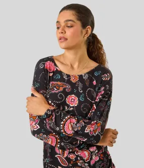 PlacketDetail Black Banded Hem Printed Jersey Top