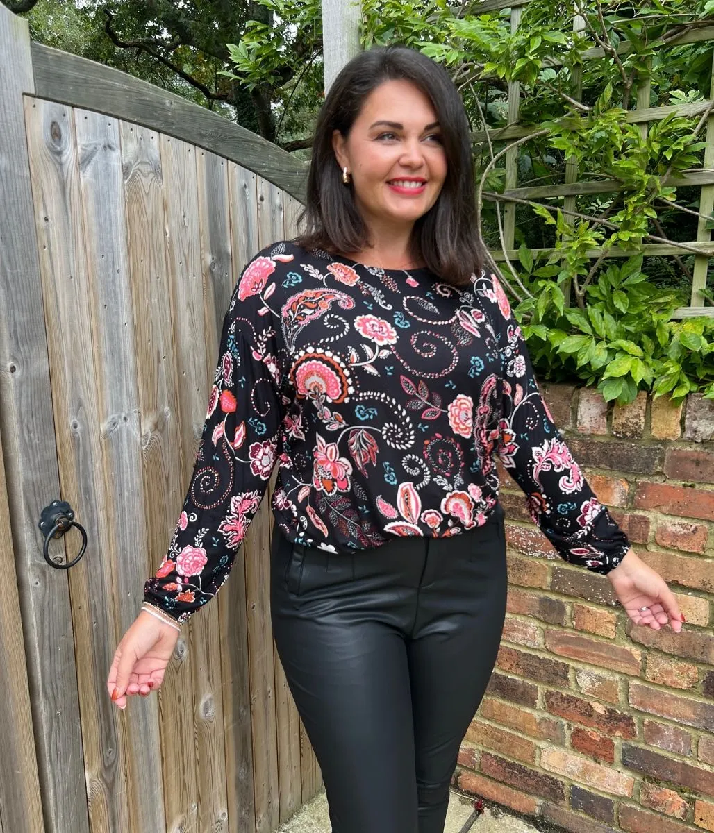 Black Banded Hem Printed Jersey Top Rolled Hem Detailing