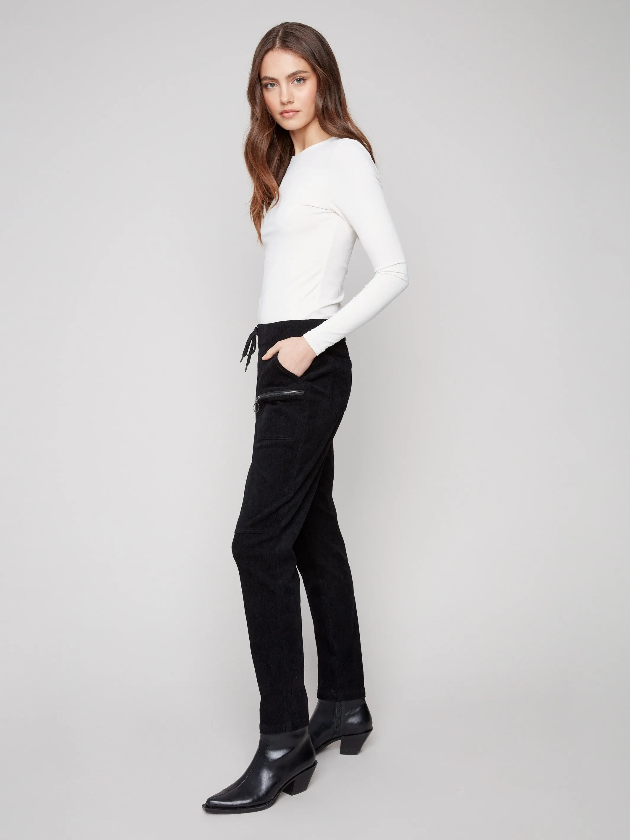 Corduroy Jogger Pants - Black Elastic waist