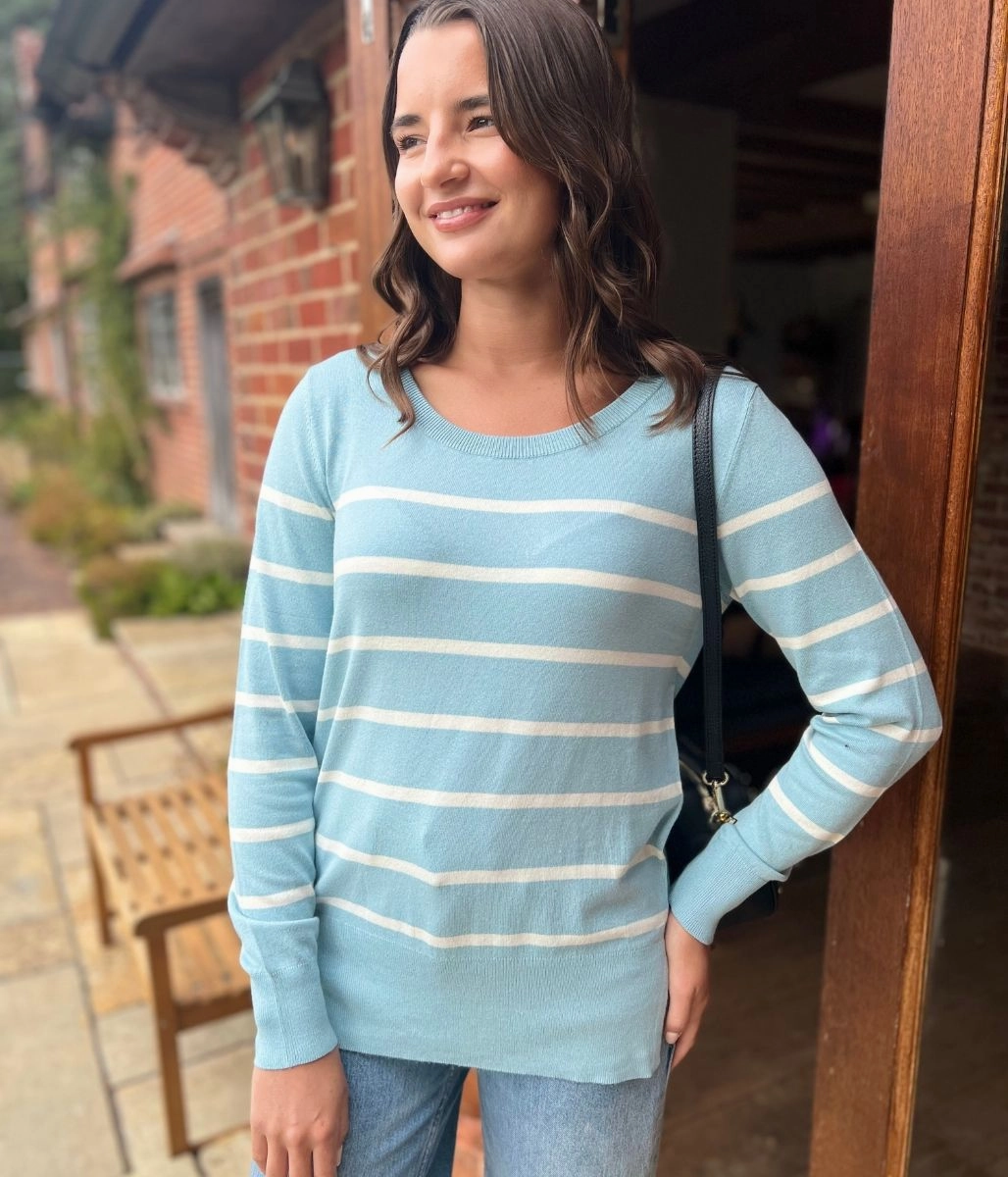 Aqua & White Stripe Fine Knit Jumper Layered Thermal Core