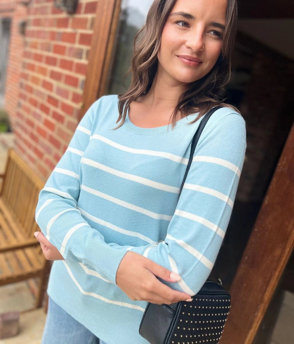 Aqua & White Stripe Fine Knit Jumper Outdoor Flex All Day Comfort