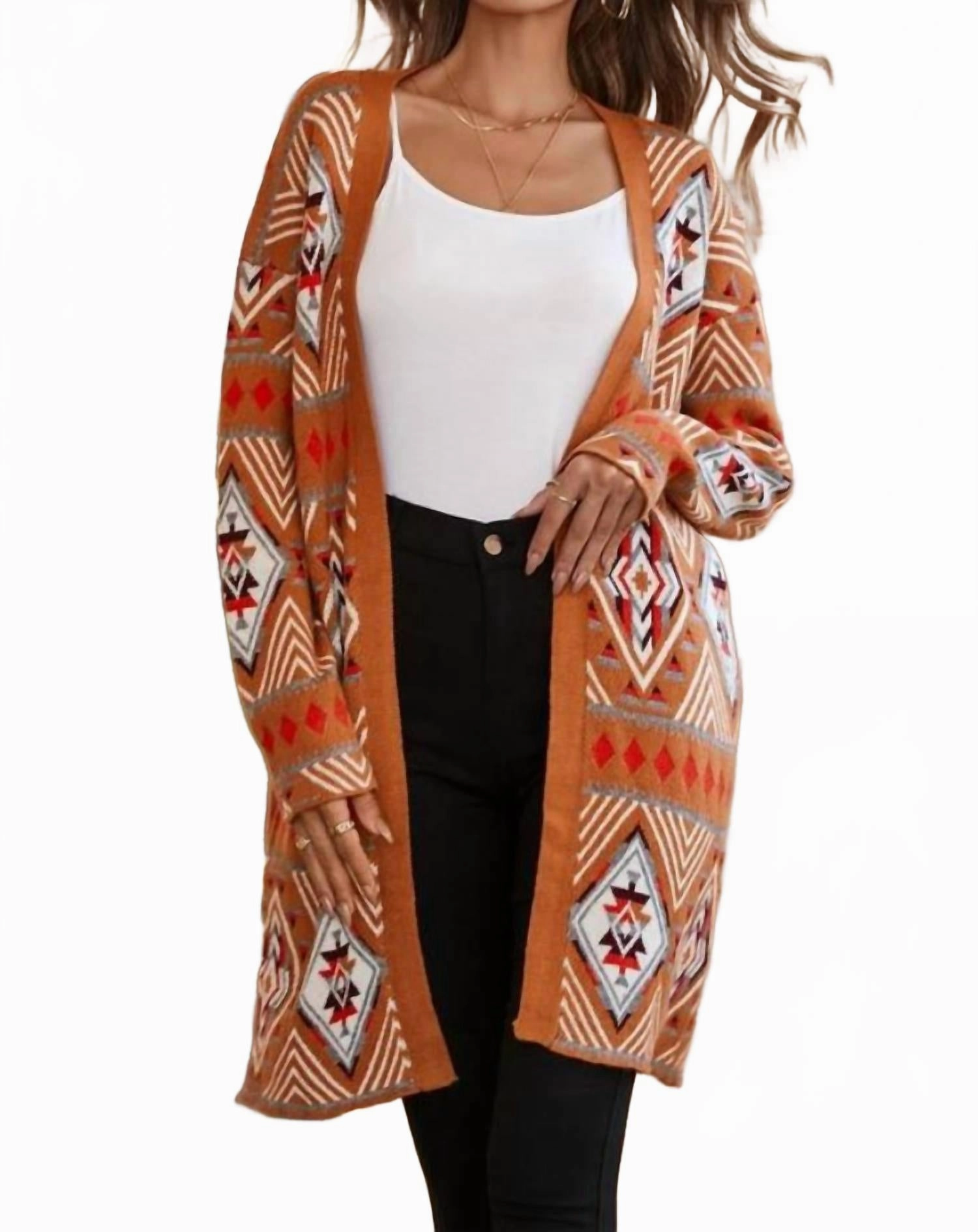Aztec Geometric Knit Open Front Cardigan In Brown Knit Layering