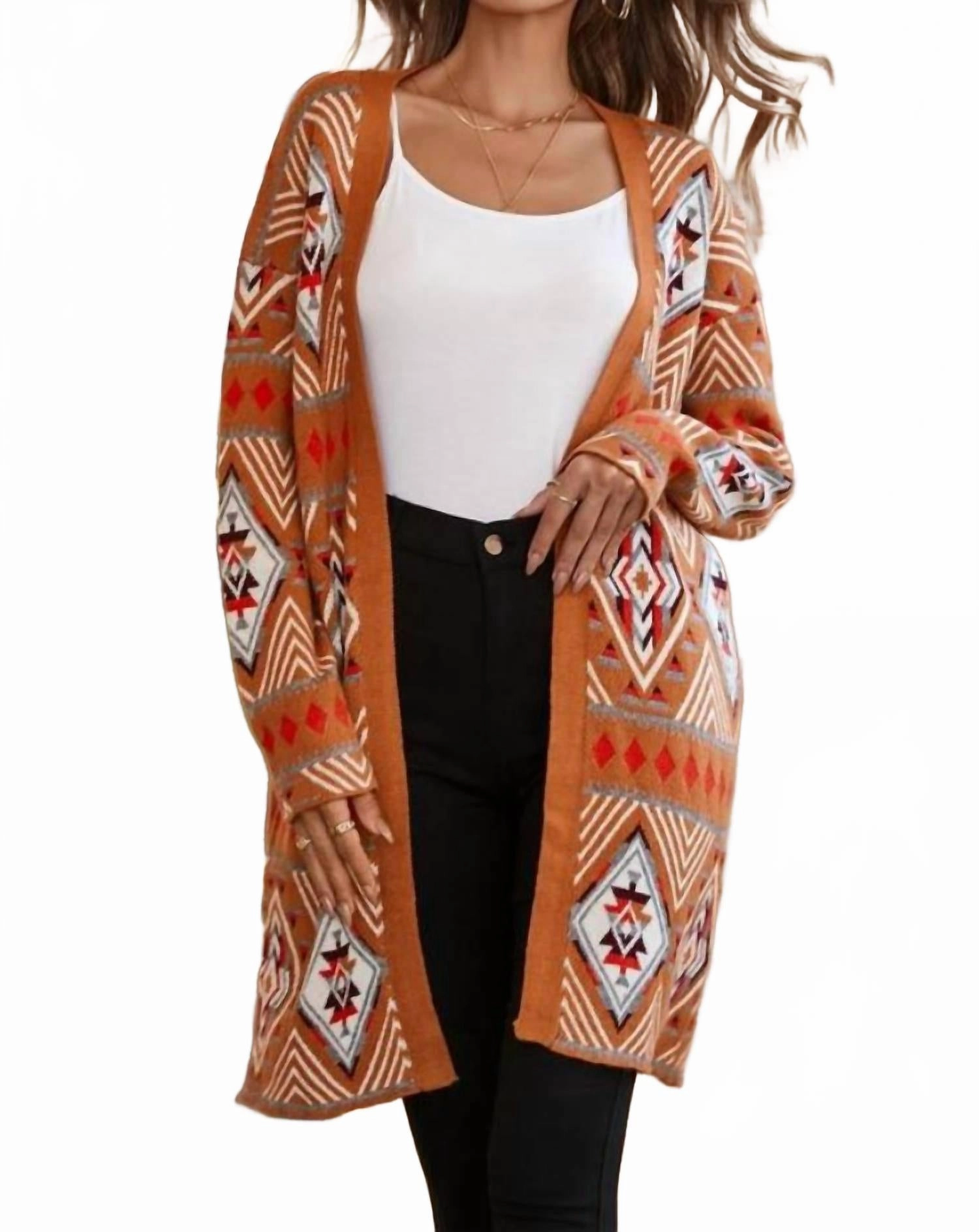 Aztec Geometric Knit Open Front Cardigan In Brown Casual Vibes Trendy Layers