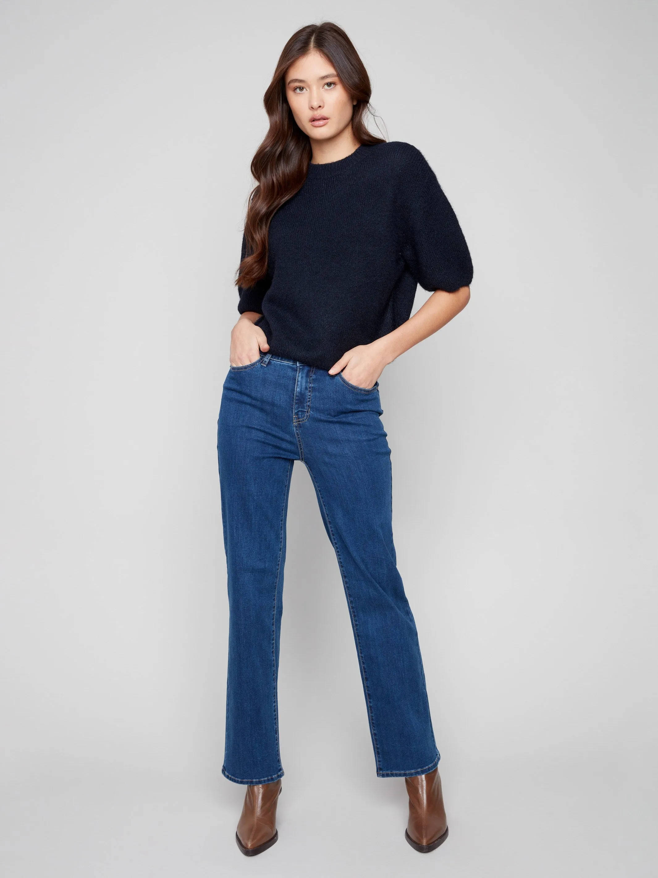 Balloon Elbow Sleeve Knit Sweater - Moonlight Layered Hem Detail High-Quality Fabric