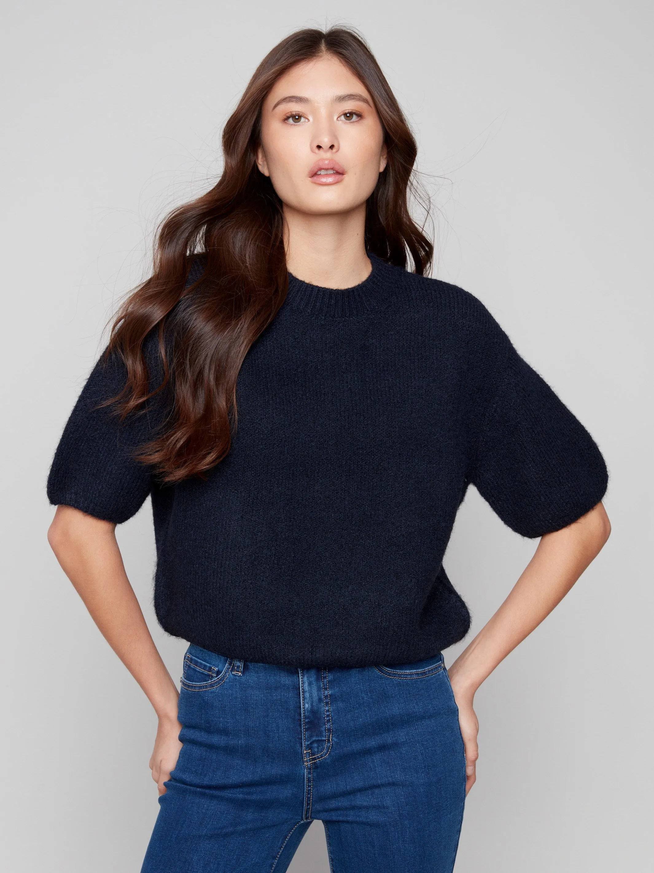 Balloon Elbow Sleeve Knit Sweater - Moonlight Reinforced Neckline SoftenedTexturedWeave