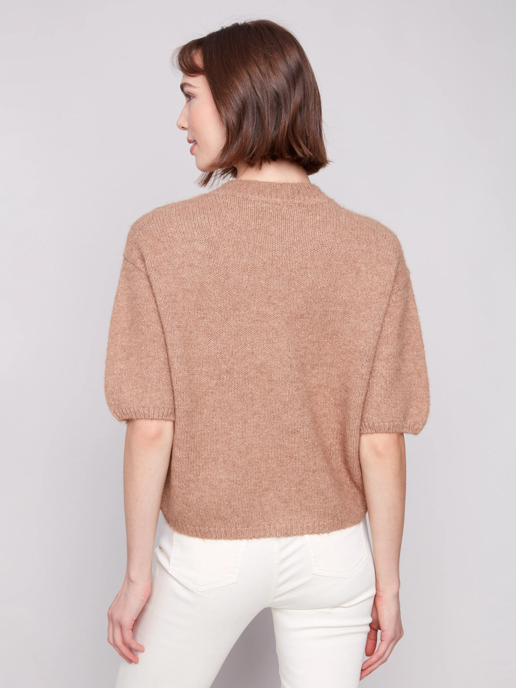 Balloon Elbow Sleeve Knit Sweater - Sesame Scoop neck femininity
