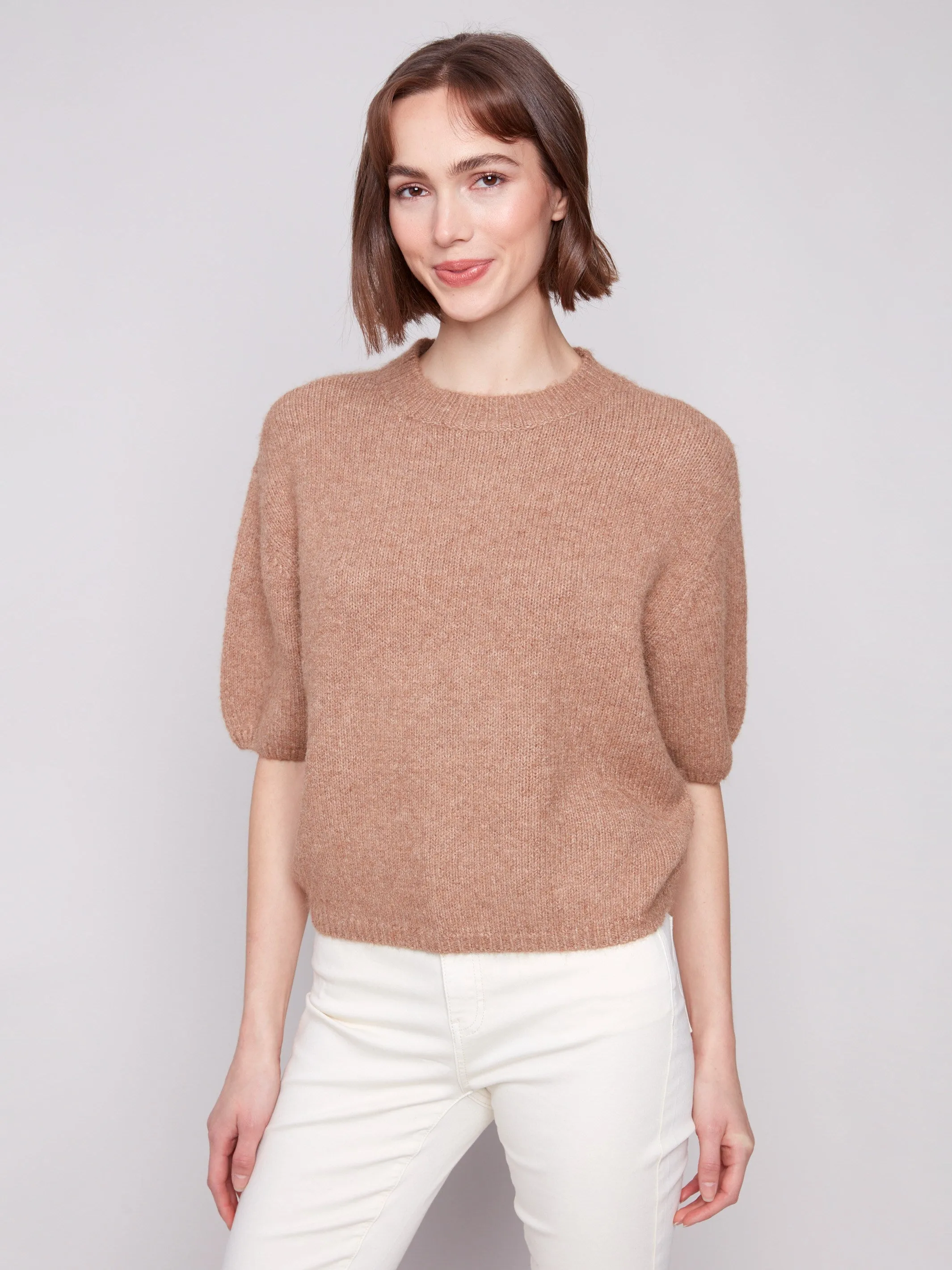 Pilling Resistant Finish Balloon Elbow Sleeve Knit Sweater - Sesame