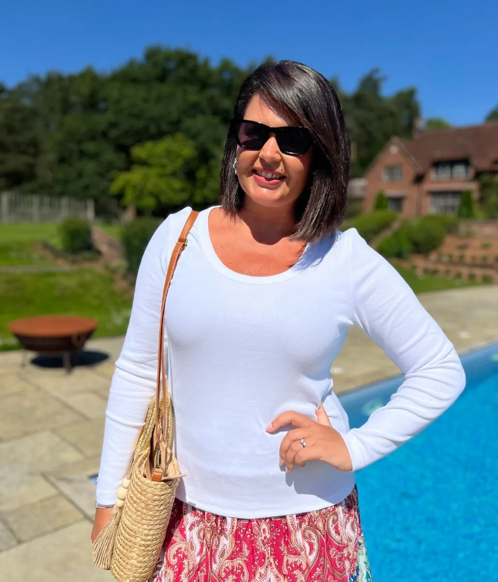 White Ribbed Long Sleeve Top Flexible Knit Blend LatticeKnit