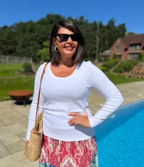 Ribbed Neckline White Ribbed Long Sleeve Top