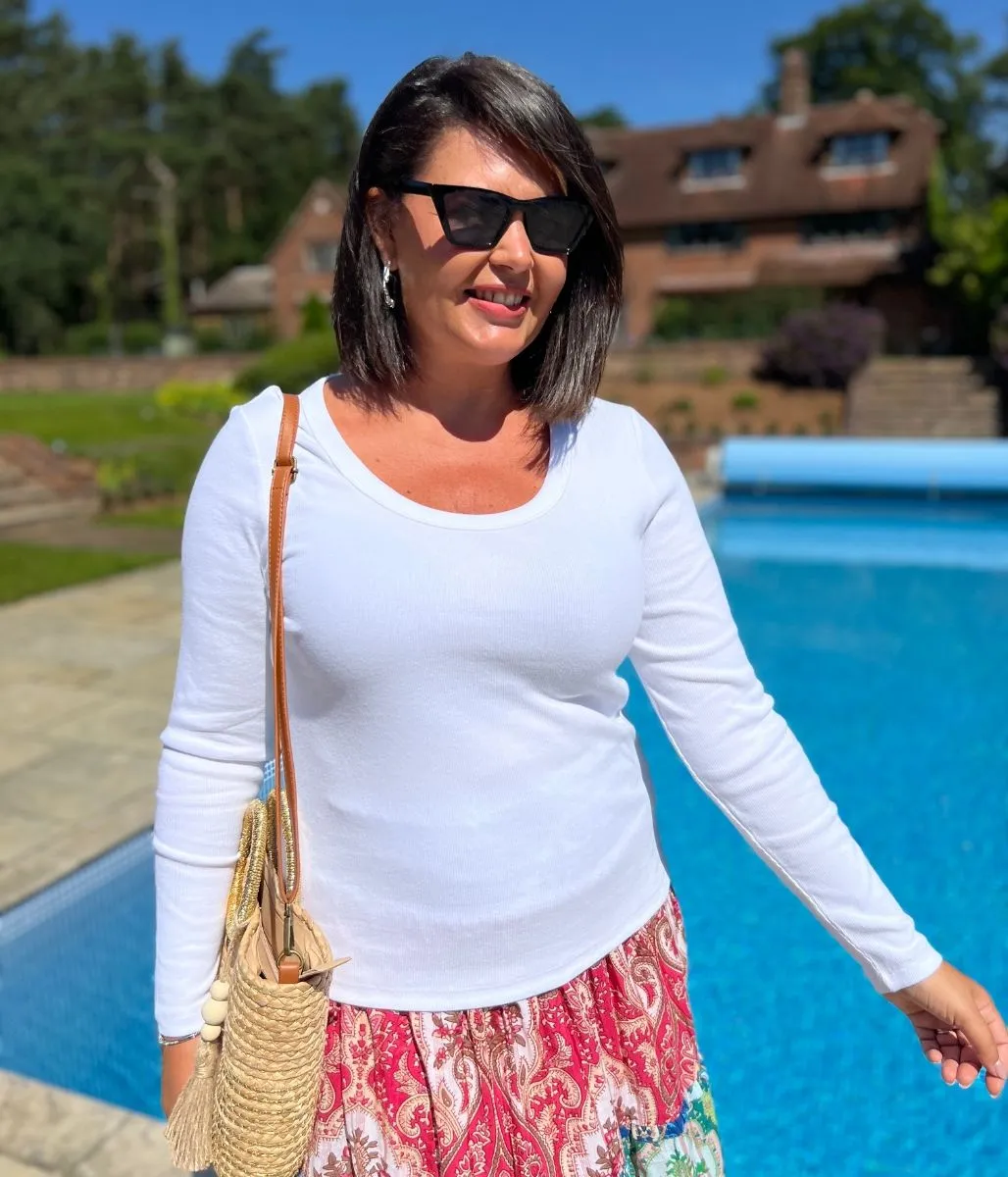 White Ribbed Long Sleeve Top Heather Effect Finish PreShrunk Fabric