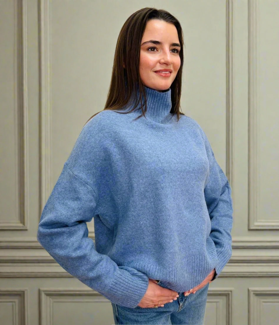 Blue Funnel Neck Jumper Light Comfort Sleek Stretch