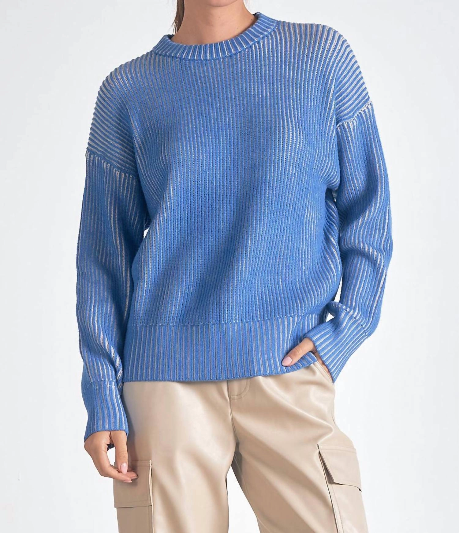 Kendra Ribbed Crewneck Sweater In Blue/white Perfect Fit