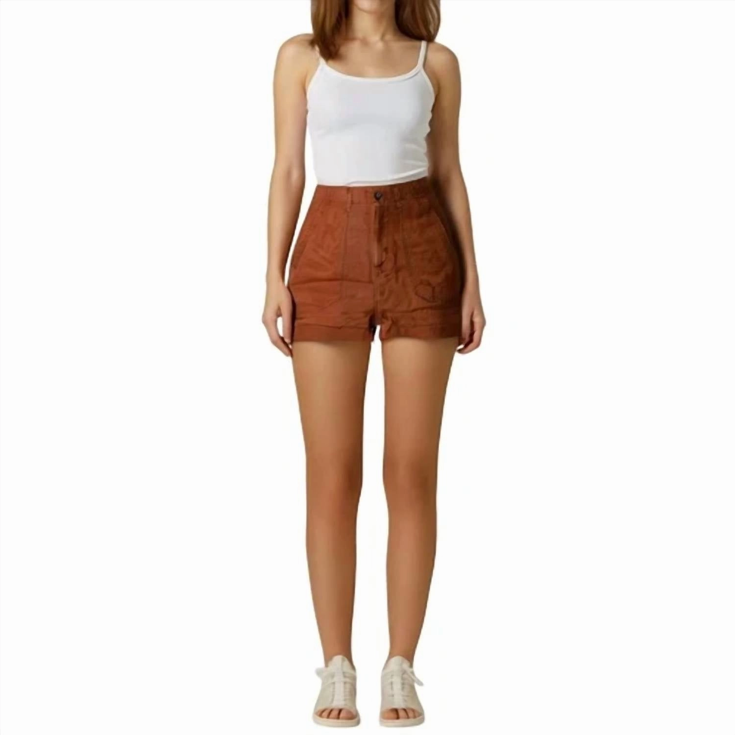 Chafe Resistant Lining Cuffed Hem High Rise Utility Lyocell/linen Short In Brown