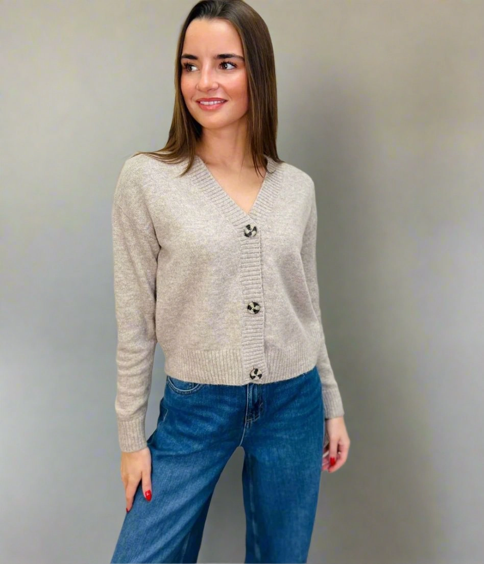 Beige Soft Knit Button Cardigan Oversized Silhouette Microfiber Insulation