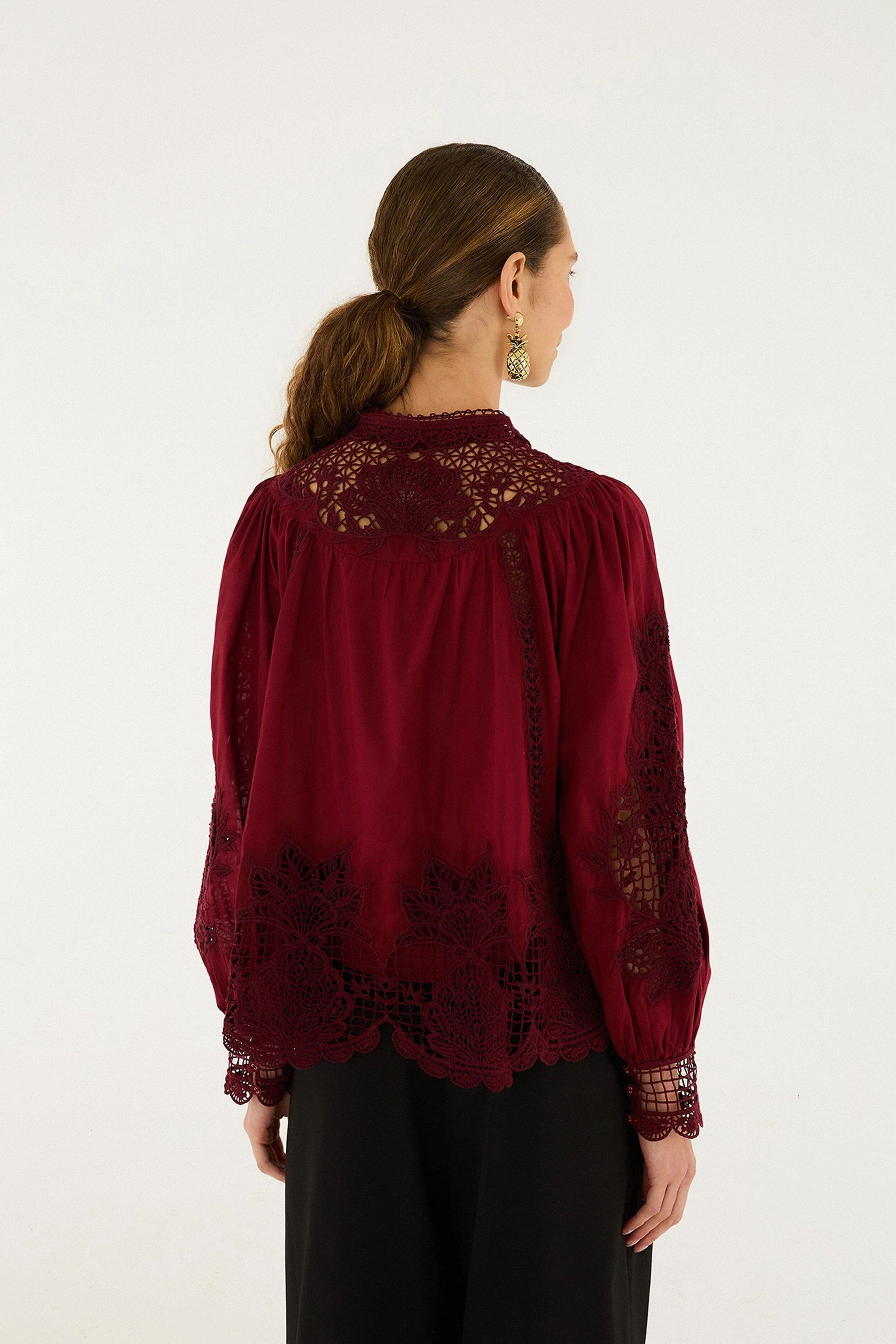 Berry Garden Guipure Organic Cotton Blouse - Burgundy NonRestrictiveCollar