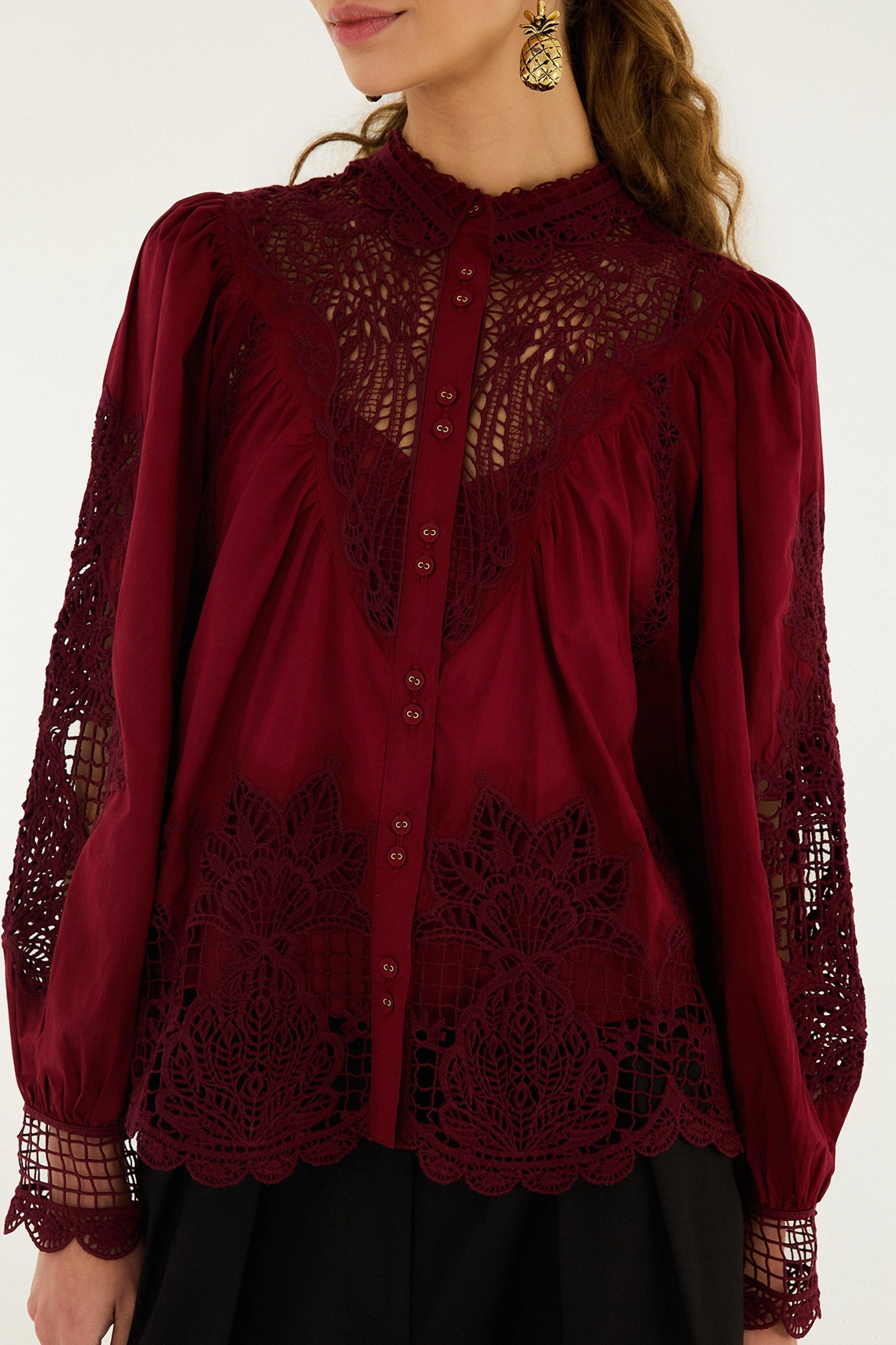 Berry Garden Guipure Organic Cotton Blouse - Burgundy Low Impact Manufacturing