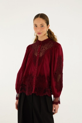 Hypoallergenic Inner Layer Berry Garden Guipure Organic Cotton Blouse - Burgundy