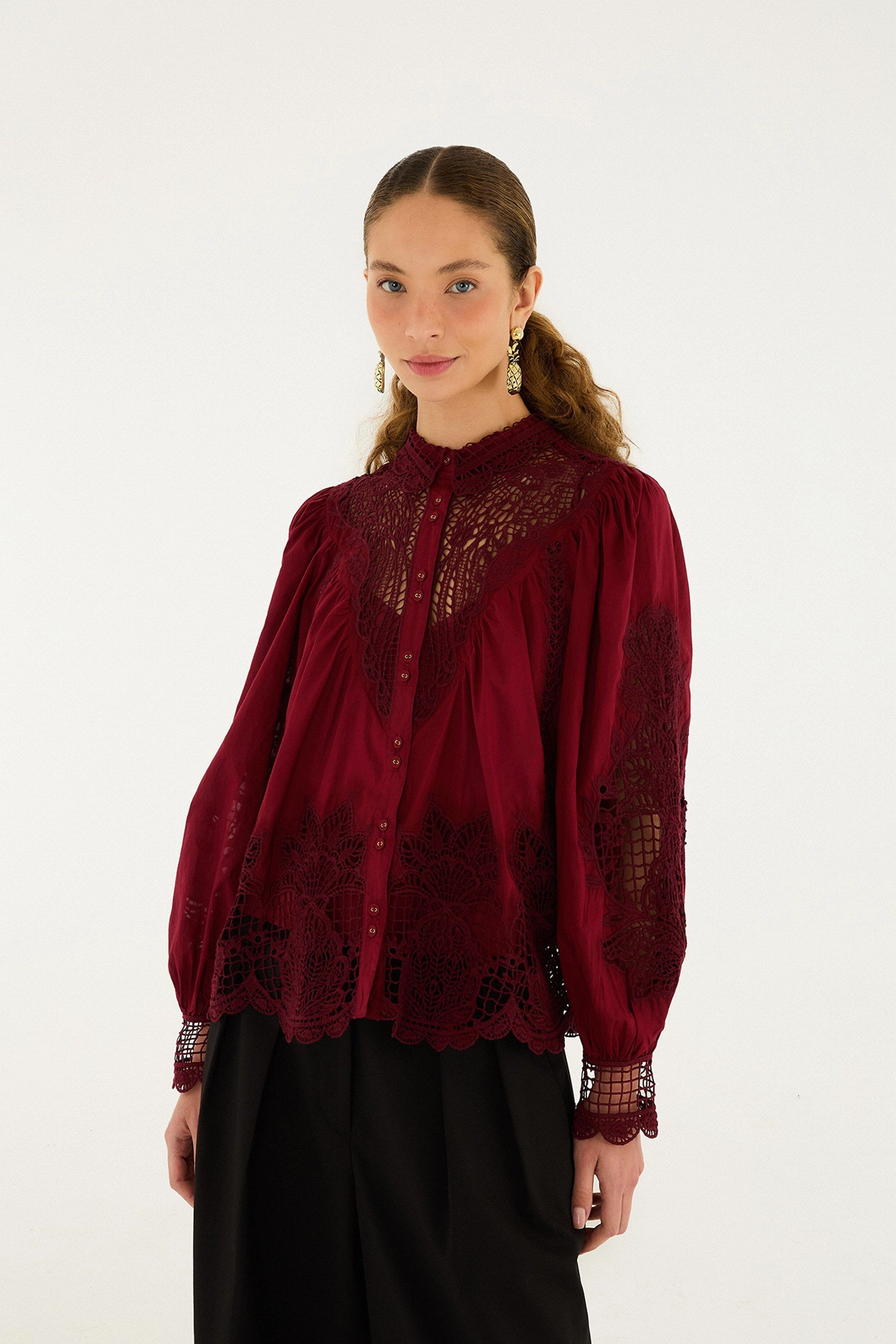 Hypoallergenic Inner Layer Berry Garden Guipure Organic Cotton Blouse - Burgundy