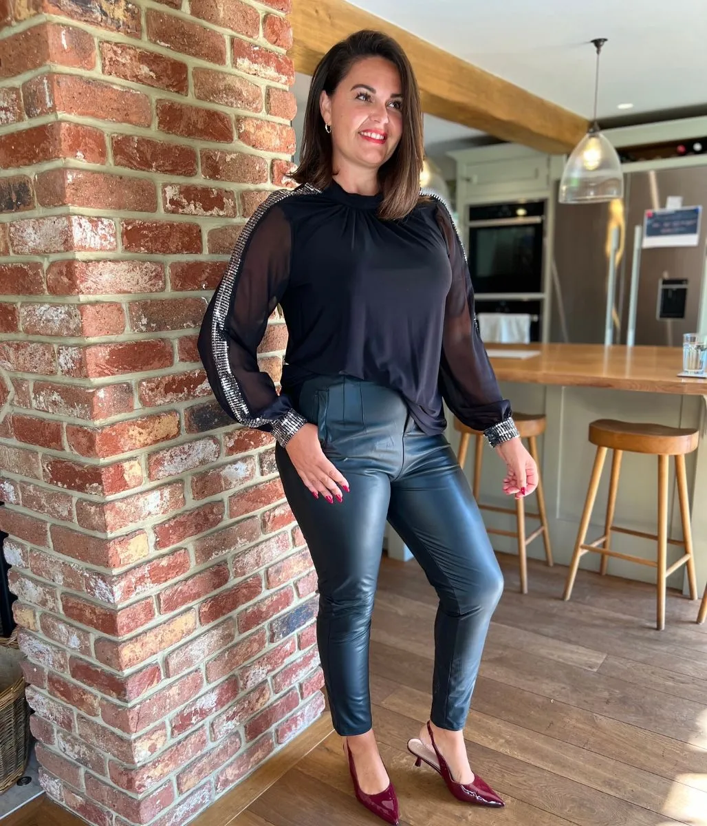 Hybrid Fabric Blend Non Restrictive Cut Black and Silver Sequin Evening Blouse