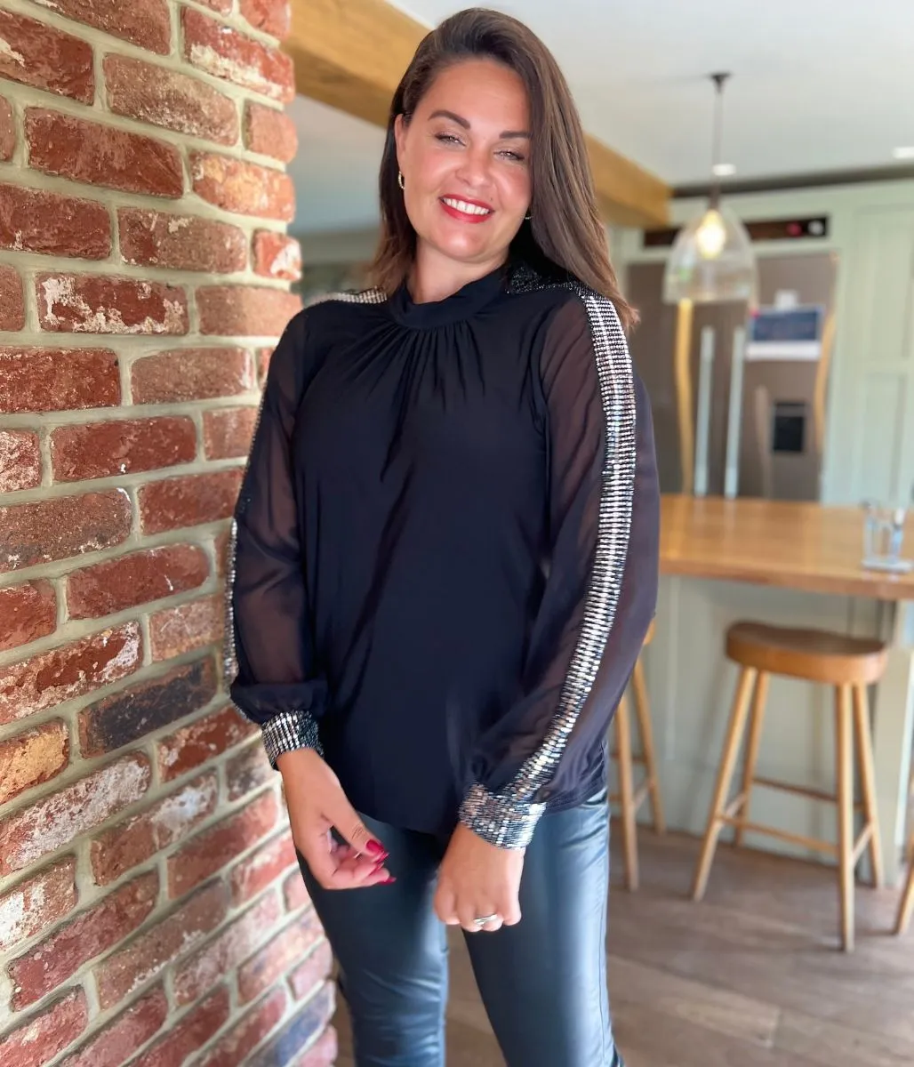 Black and Silver Sequin Evening Blouse Elegant Cardigan