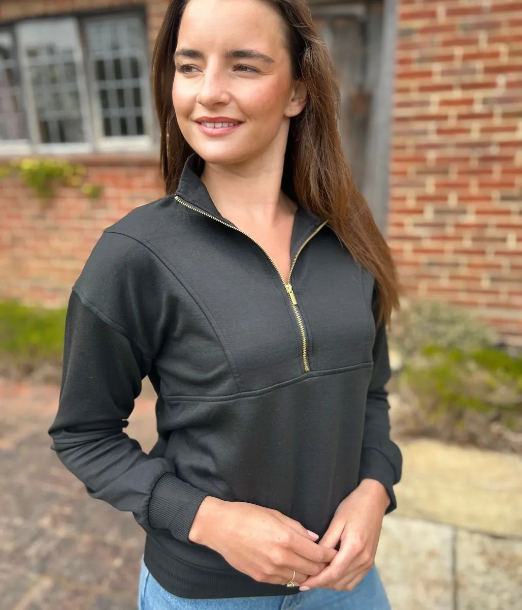 Black Casual Luxe Zip Top Summer Polo Cozy Wear