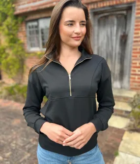 Unstructured Silhouette Adjustable Cuff System Black Casual Luxe Zip Top