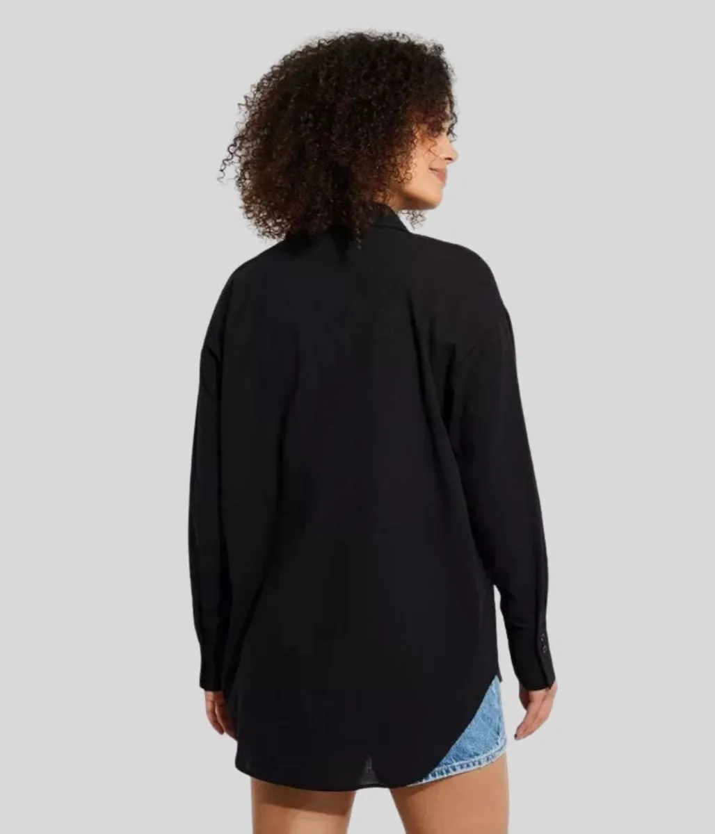 Black Linen Look Shirt Bonded Hemline ButterSoft Handfeel
