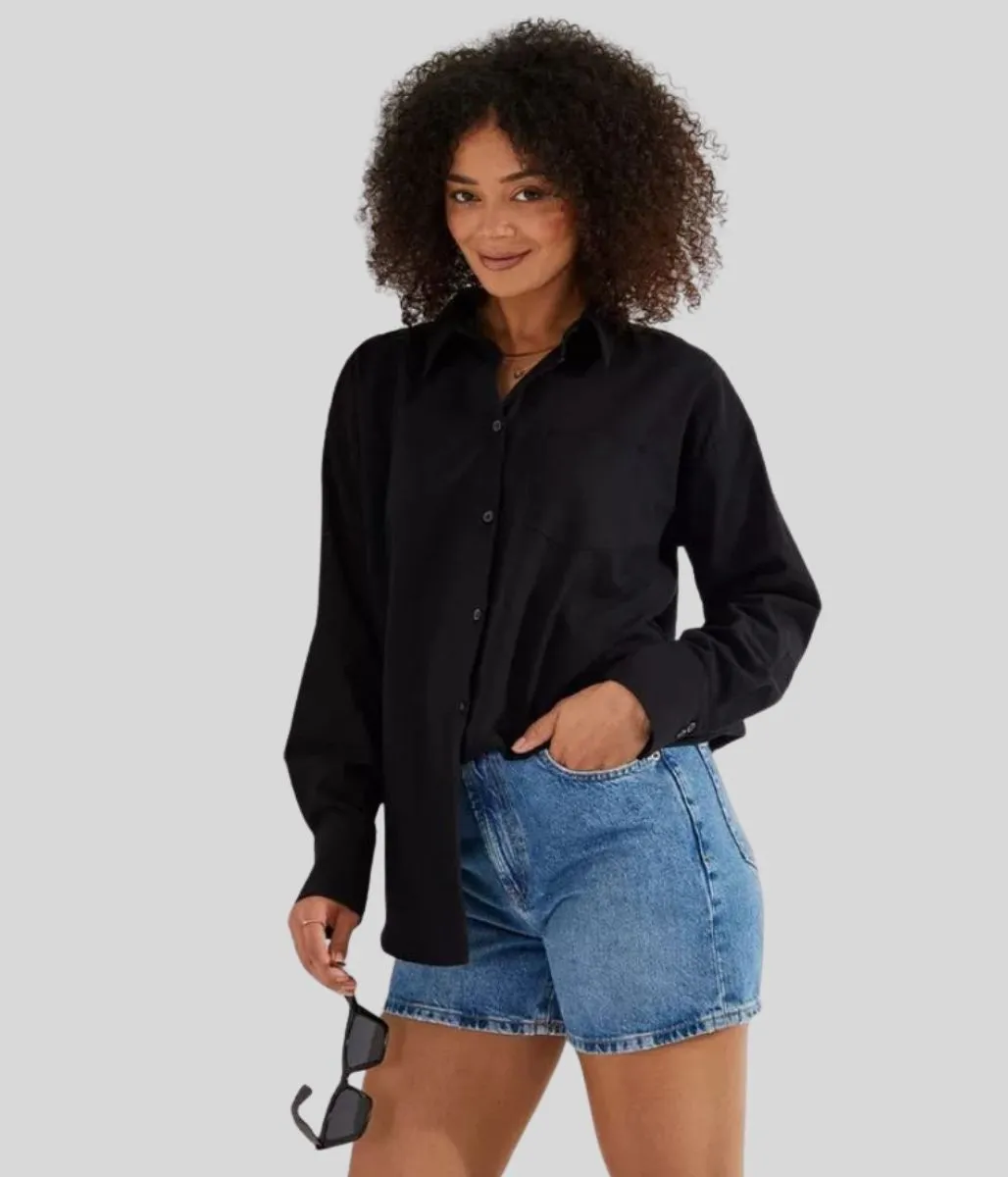 Asymmetrical hem Black Linen Look Shirt