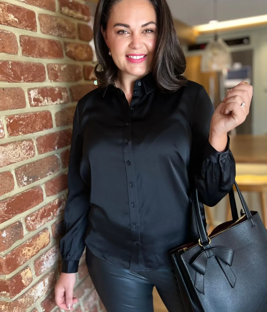 Black Millie Satin Shirt MidweightKnit Non Closure Collar