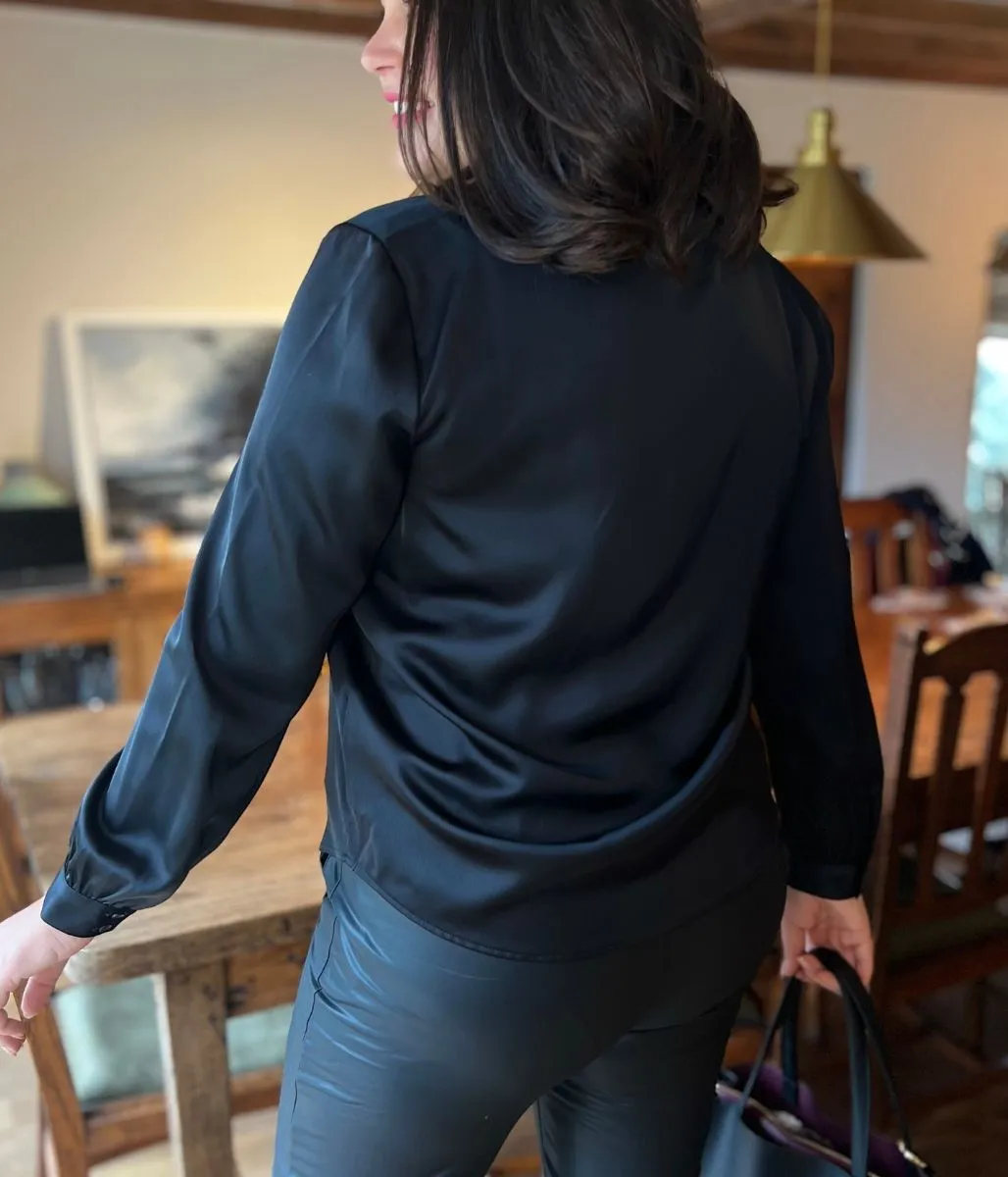 Black Millie Satin Shirt Double Layered Hem Reinforcement Stylish T-shirt